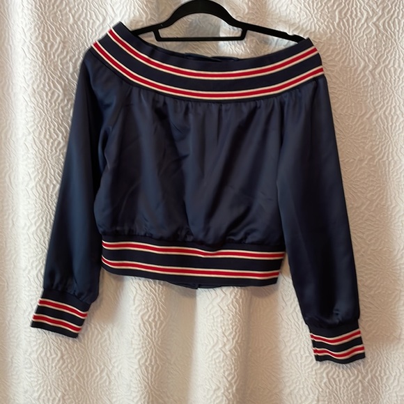 Navy and Red cropped baseball inspired satin bomber jacket. Red Sox! M - Picture 2 of 7